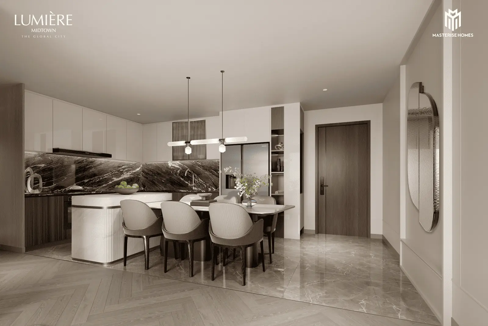 Không gian bếp hiện đại và sang trọng tại LUMIÈRE Midtown, thiết kế tối ưu để tận hưởng cuộc sống đẳng cấp.