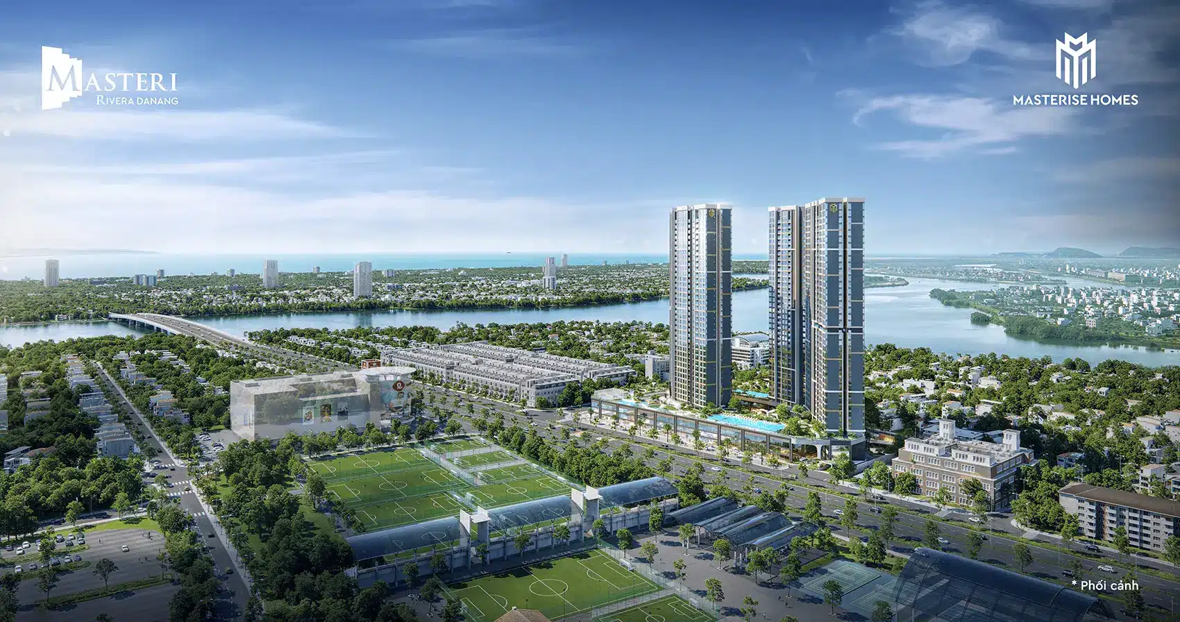 Phối cảnh dự án Masteri Rivera Đà Nẵng với hai tòa tháp 39 tầng hiện đại tại quận Hải Châu.