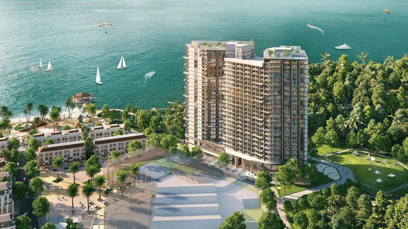 Phối cảnh dự án Xanh Island Cát Bà với không gian xanh mát và tiện ích hiện đại bên bờ biển.