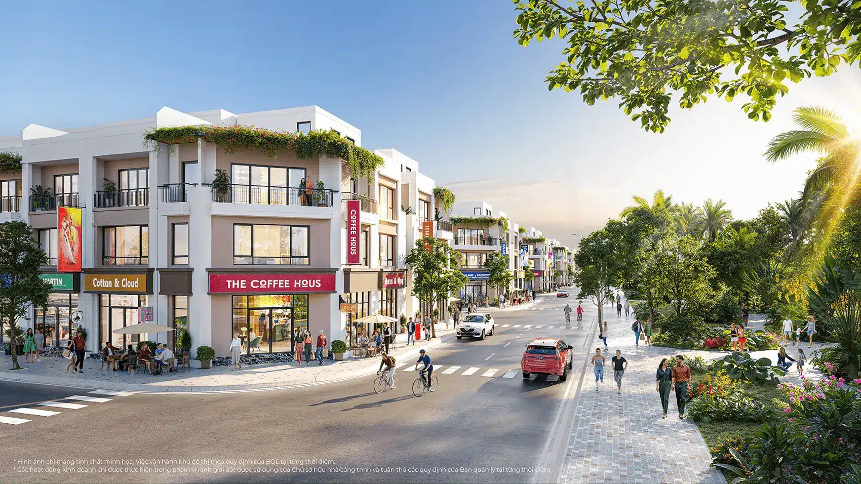 Một góc nhộn nhịp tại khu đô thị Vinhomes Green City với tuyến phố thương mại sầm uất và môi trường xanh mát.